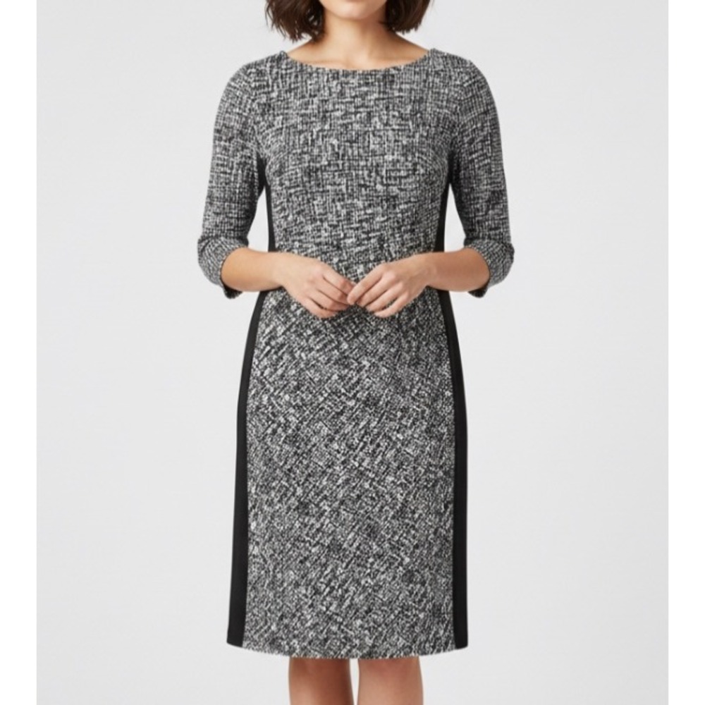 LAUREN RALPH LAUREN Black/White RUCHED SIDES 3/4 Sleeves MIDI SHEATH Dress 6